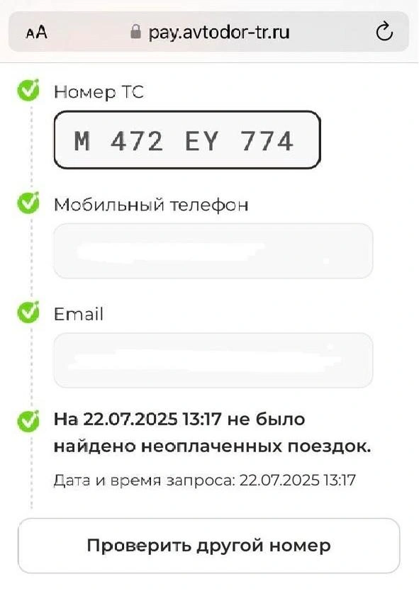 Скрин результатов проверки нашего автомобиля после оплаты проезда через сайт «Автодора» | Источник: Артем Краснов