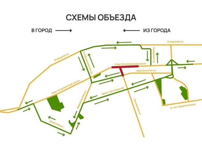 Схема объезда участка на Ново-Астраханском шоссе, который перекроют с 21 мая | Источник: Министерство дорожного хозяйства Саратовской области / Telegram