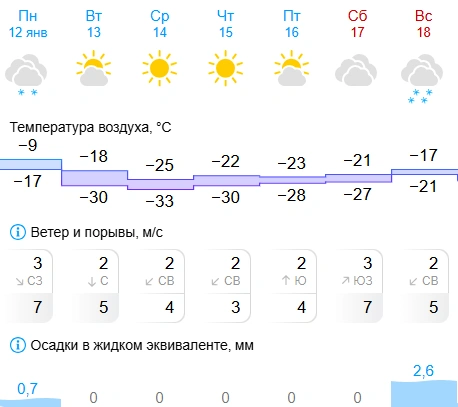 В среду ночью и утром похолодание до -33 градусов, а в воскресенье -17 и снегопад | Источник: gismeteo.ru