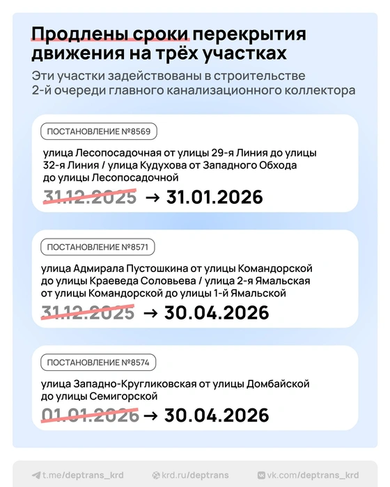 Новые сроки | Источник: дептранс Краснодара / T.me