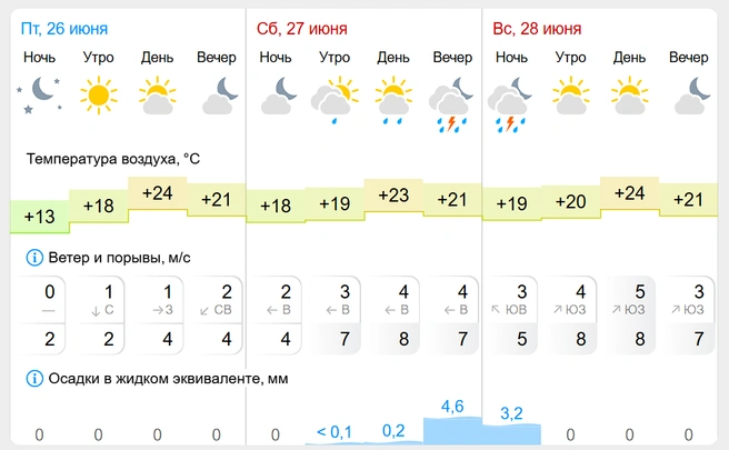 Гисметео к вечеру субботу показывает грозы | Источник: gismeteo.ru