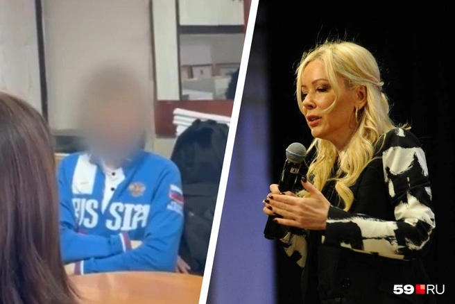 Екатерина Мизулина (справа) высказалась о нападении девятиклассника (слева — кадр из оперативного видео с его допроса) | Источник: Следственный комитет РФ (скриншот видео), Ирина Тропина / 59.RU