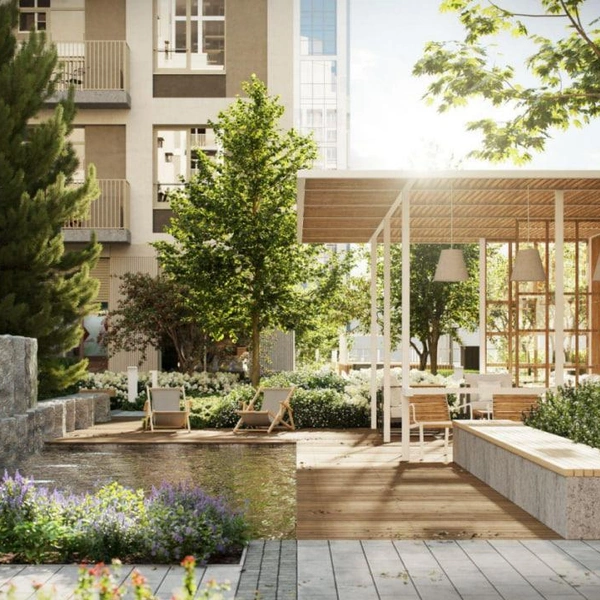 Заканчивается река&nbsp;— водопадом. Использование водных объектов&nbsp;— азиатский подход. Так во дворе будет слышен не рев машин, а журчание воды | Источник: ГК «Брусника»