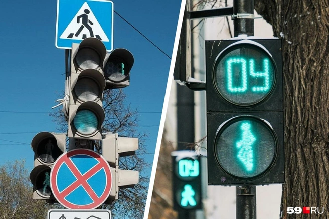 Пермские светофоры уже 20 лет показывают время до переключения, но не всегда оно совпадает со световым сигналом | Источник: Виктор Михалев / 59.RU; Тимофей Калмаков / 59.RU