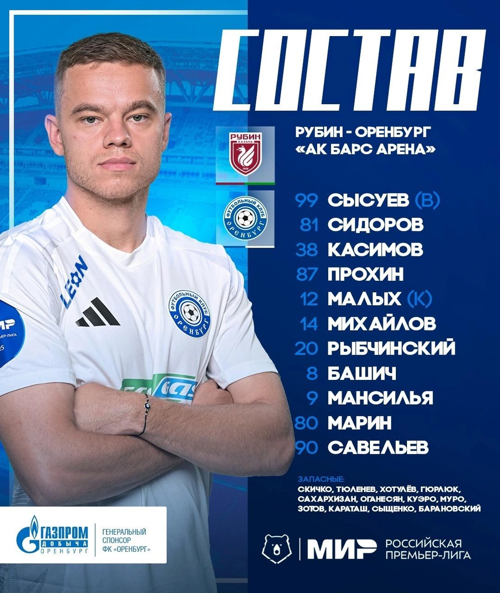 Стартовый состав «Оренбурга» на матч с «Рубином» | Источник: ФК «Оренбург» / ВКонтакте