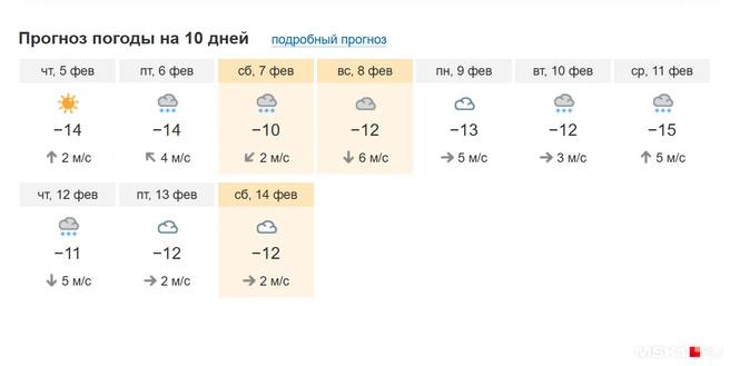 Прогноз погоды на 10 дней | Источник: pogoda.msk1.ru