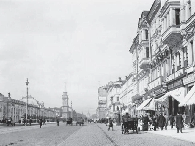 Невский проспект в Санкт-Петербурге, освещённый электричеством в 1885 году. | Источник: © ООО «Сименс», издание на русском языке, 2014