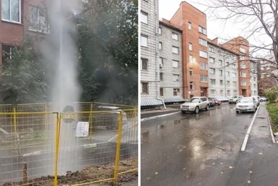 Фонтан из ямы на Красном проспекте в Новосибирске