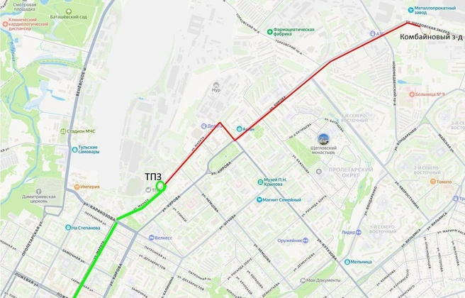 Красным отмечен перекрытый участок, а зеленым — конечная дорога | Источник: Администрация Тулы