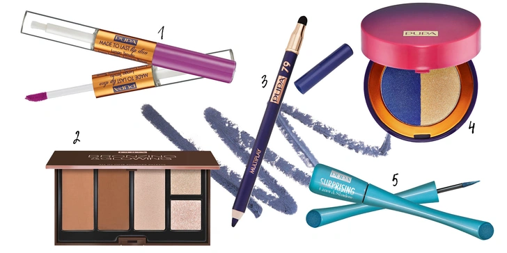 1. Жидкая помада для губ MADE TO LAST LIP DUO, № 19; 2. Набор пудровых средств Bronzing Glowing, № 1; 3. Карандаш для век MULTIPLAY, № 79; 4. Двойные компактные тени SUNSET BLOOMING, № 1; 5. Подводка и жидкие тени Surprising, № 8 все – все, Pupa Milano | Источник: Архивы пресс-служб