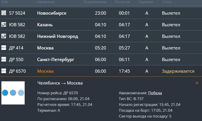 В Москву рейс вместо 6 утра вылетит после 17 часов | Источник: cekport.ru
