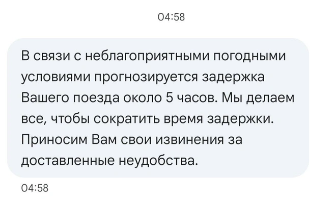 «Обстановка нормальная». Пассажир задержанного поезда Анапа — Петербург рассказал о том, как пережидали непогоду | Источник: читатель «Фонтанки»