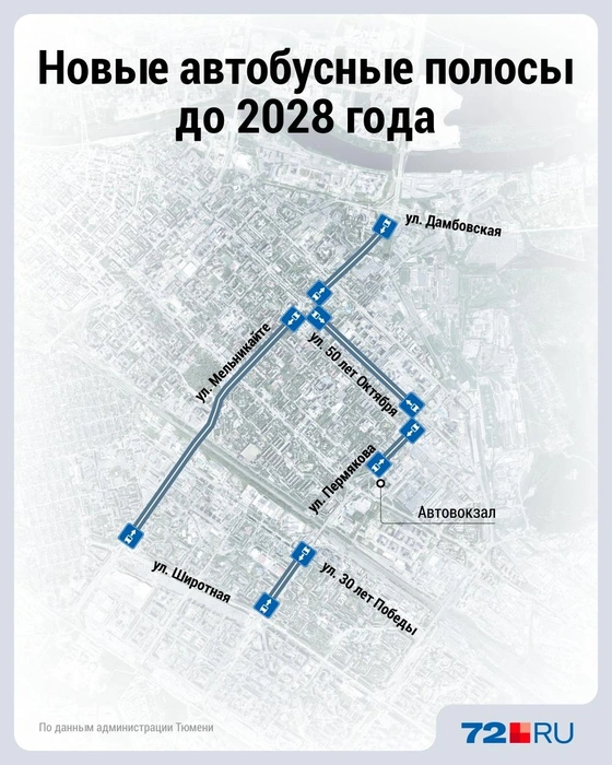 Карта выделенных полос, которые могут появиться к 2028 году  | Источник: Дмитрий Гладышев / 72.RU