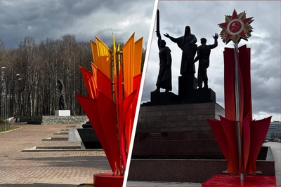 Праздничное убранство Перми к 9 Мая: георгиевские ленты, флаги и звезды Победы