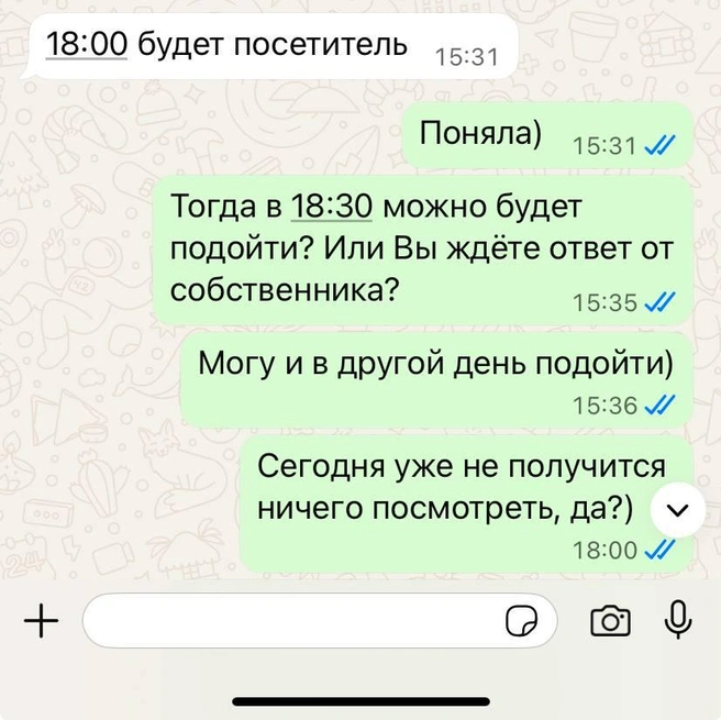 После шести мне всё-таки ответили. В целом переписки со всеми риелторами были подобными | Источник: Яна Пяева