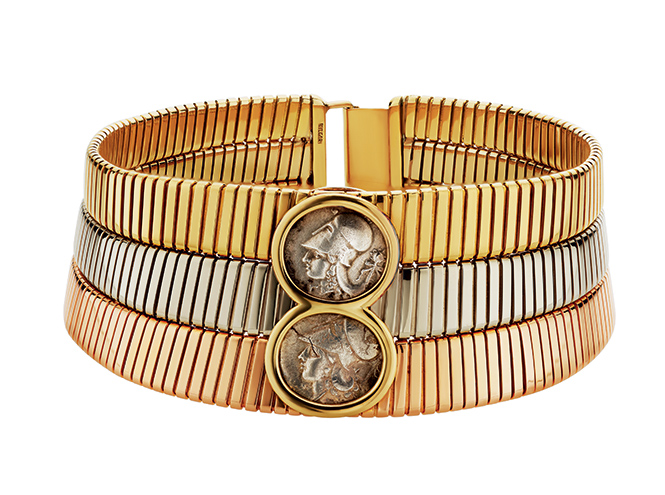 Чокер в технике Tubogas из трехцветного золота с двумя античными серебряными монетами, 1974 год, Bvlgari
