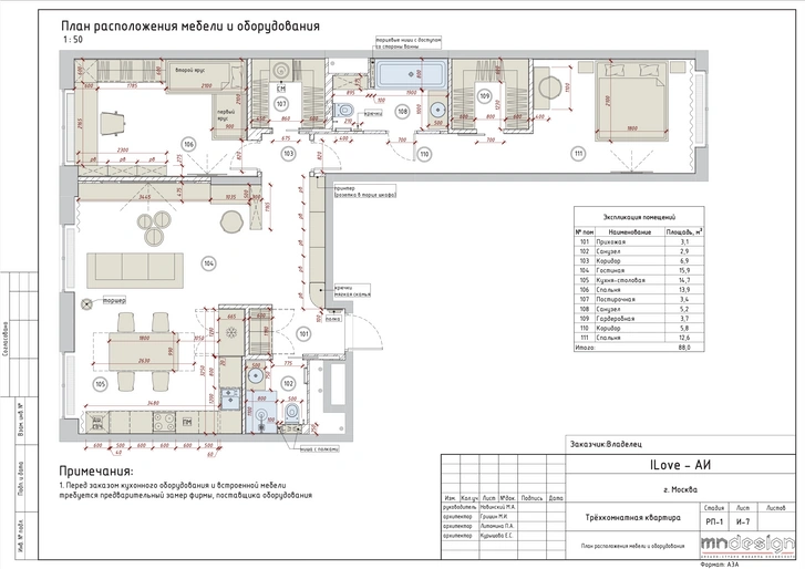 План квартиры 96 м². Проект Михаила Новинского, Полины Литоминой, Марка Гришина, Елизаветы Курышовой.