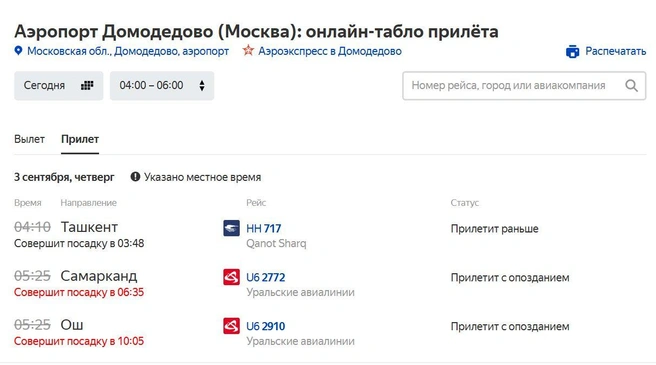 В Домодедово сложно найти рейс на прилет, который не был задержан | Источник: «Яндекс. Расписания»