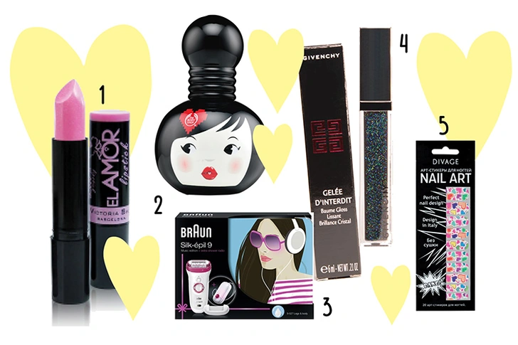 1. Губная помада El Amor, Victoria Shu. 2. Помада-румяна Lip and Cheek Stain, The Body Shop. 3. Подарочный набор Braun Silk Epil 9 с радио. 4. Блеск для губ Gelee D'Interdit, Celestial Black, Givenchy. 5. Арт-стикеры для ногтей Nail Art, № 07, Divage. | thegirl.ru