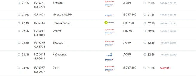 По данным онлайн-табло аэропорта, пока задерживается вылет одного рейса из Красноярска в Сочи | Источник: Международный аэропорт «Красноярск» / www.kja.aero