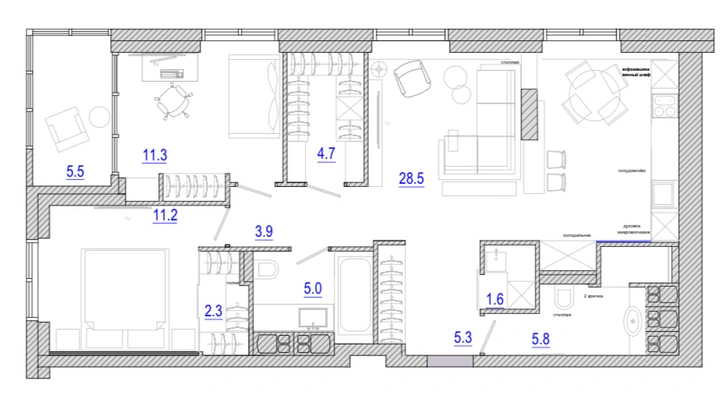 Эклектичный интерьер для молодой пары 84 м²