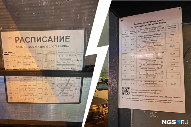 На остановке размещены сразу два расписания, какое из них актуальное, непонятно | Источник: Анастасия Хрипушина/NGS.RU