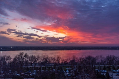Volgograd's winter dawn lights sky crimson