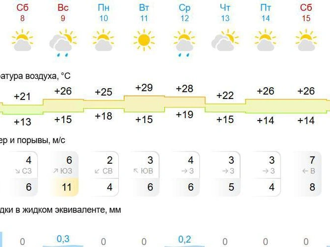 Осадки возможны в среду и воскресенье | Источник: Gismeteo.ru