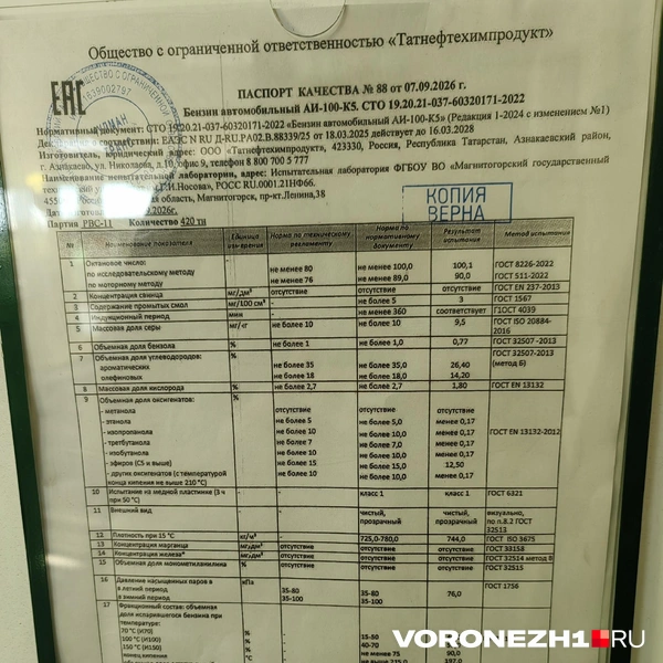 Паспорт качества АИ-100 | Источник: Андрей Пашинский / Voronezh1.ru