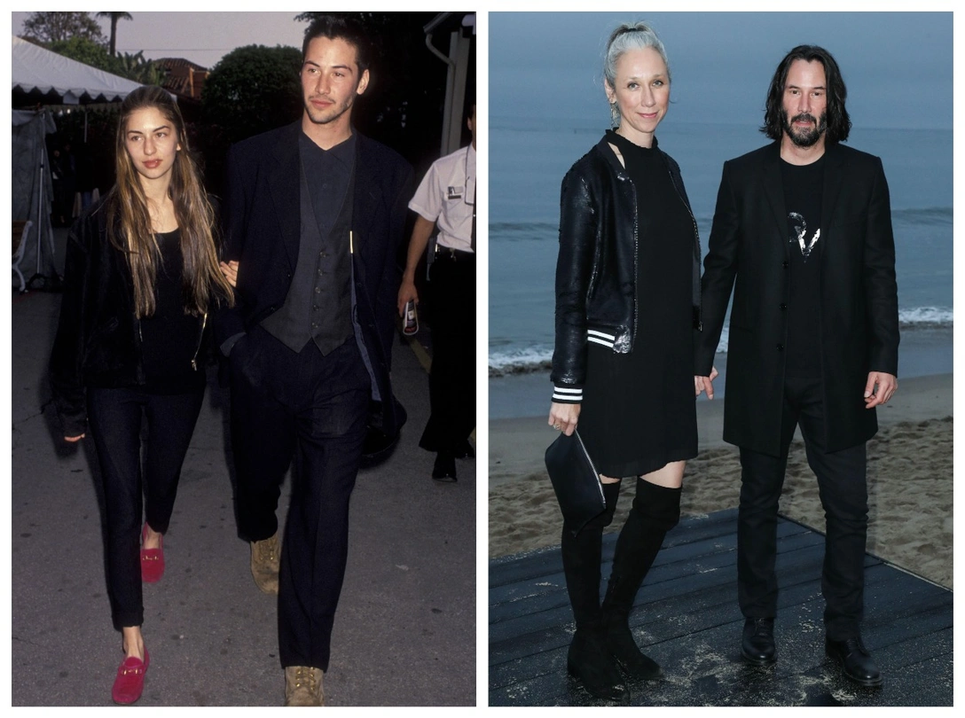 София Коппола и Киану Ривз на церемонии вручения наград IFP/West Independent Spirit Awards, 28 марта 1992; Александра Грант и Киану Ривз на показе Saint Laurent Mens на пляже Paradise Cove Beach, Малибу, США, 6 июня 2019 | marieclaire.ru