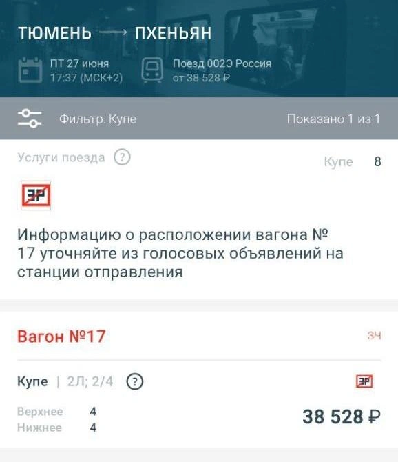 Доступен для покупки только один вагон | Источник: РЖД