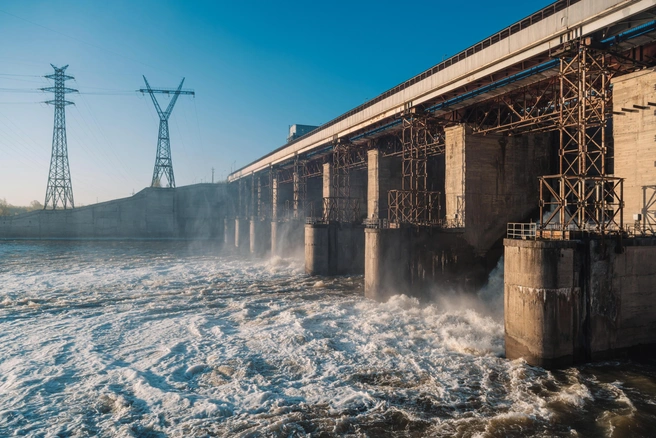Открытые затворы водосливной плотины во время половодья | Источник: ПАО «РусГидро»