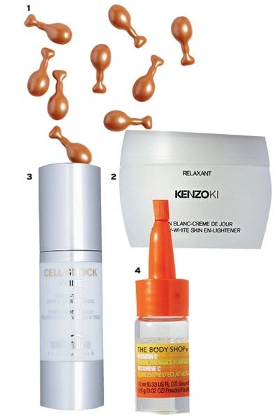 1. Антиоксидантная сыворотка с витамином С в капсулах, BELLEFONTAINE; 2. Крем для лица Soin Blanc-Creme de Jour, Relaxant, KENZOKI; 3. Отбеливающая эссенция для лица и области вокруг глаз Сellshock White, SWISS LINE; 4. Сыворотка для лица «Витамин С», THE BODY SHOP | Источник: Глеб Кордовский, Николай Гулаков