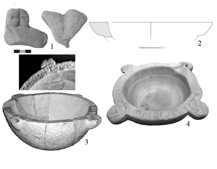 Чаши для омовений:1, 2 — чаша из Фанагории (случайная находка). Мрамор; 3 — чаша из раннехристианского монастыря Джанавара (близ Варны). Мрамор. VI в. (по: Минчев, Тенекеджиев 2015, обр. 3);4 — чаша из раскопок в Варне. Мрамор. Начало VII вв. Археологический музей Варны. | Источник: предоставлено Ларисой Голофаст