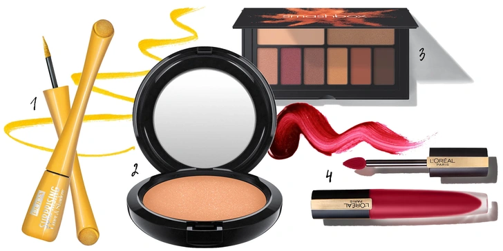 1. Подводка и жидкие тени Surprising, № 4, Pupa Milano; 2. Бронзер Fruity Juicy, MAC; 3. Палетка теней Cover Shot,  Smashbox ; 4. Жидкая помада для губ Жидкая помада-тинт Rouge Signature, Я протестую, L'Orе´al Paris  | Источник: Архивы пресс-служб