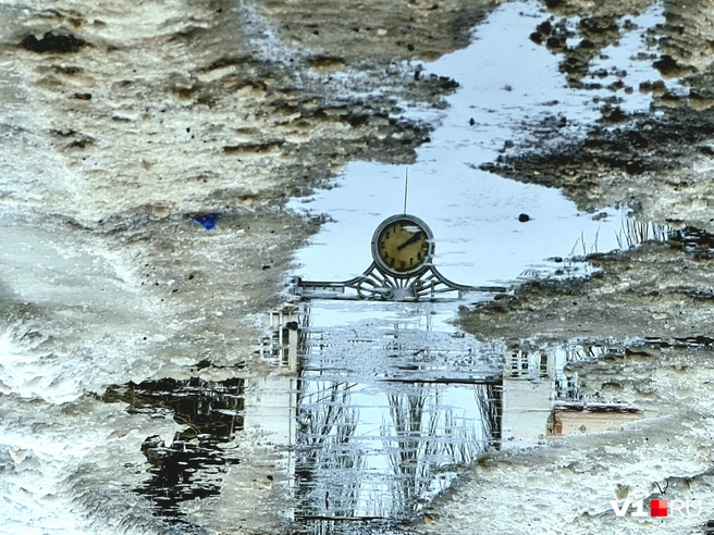 Лужа в Волгограде&nbsp;— это как миниатюрная вселенная, которую никто не замечает, пока не остановится | Источник: Константин Завриков / V1.RU