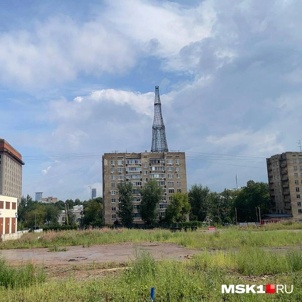 За полем виднеются жилые дома, заброшенный телецентр и Шуховская башня | Источник: Платон Цимерман / MSK1.RU