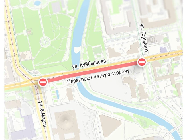 На карте отмечен перекрываемый отрезок дороги | Источник: Филипп Сапегин / E1.RU