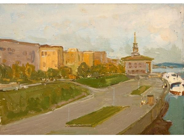 Набережная Енисея у речного вокзала. Этюд, 1970 год | Источник: Музей Ряузова