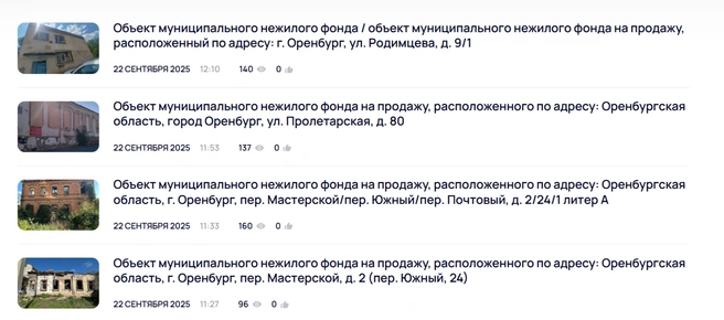 Список лотов на продажу | Источник: мэрия Оренбурга