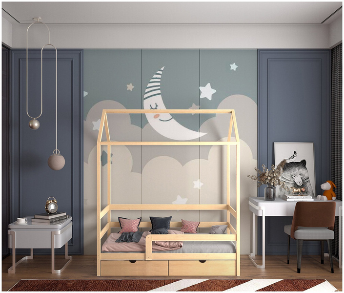 Кровать детская подростковая «Классика-домик», спальное место 180х90, в комплекте с ящиками, натуральный цвет, из массива
