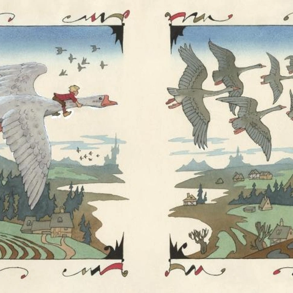 Эрик Булатов, Олег Васильев. Рисунок для книги Сельмы Лагерлеф «Чудесное путешествие Нильса с дикими гусями». 1978. Бумага, тушь, гуашь, акварель. | Источник: Эрик Булатов