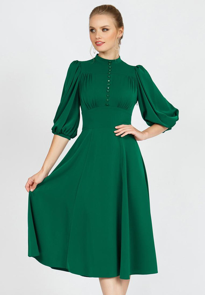 Зеленое платье-миди с рукавами-фонариками