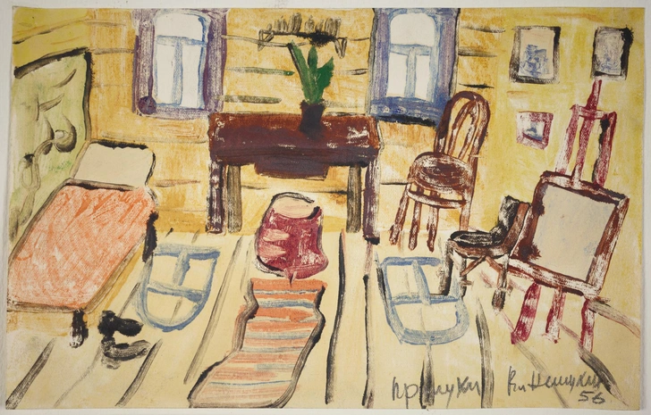 В. Немухин. «Прилуки. В большой комнате». 1956 г. Бумага, цветная монотипия. | Источник: пресс-служба выставки