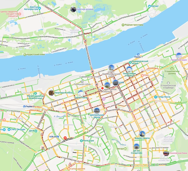 Большинство дорог в центре Перми навигаторы окрасили в красный и бордовый цвета | Источник: «Яндекс Карты»