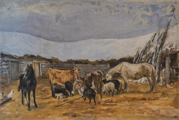 А. Пластов. «Крестьянский двор». 1930-е годы. Бумага, гуашь | Источник: пресс-служба выставки