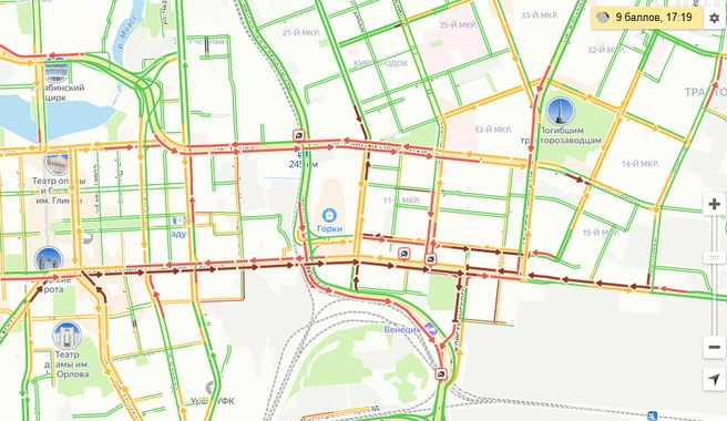 Карта дорог в центре вся красная | Источник: 74.ru / maps-traffic