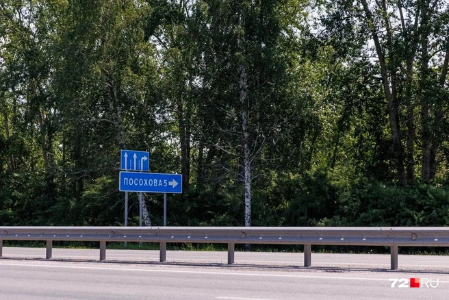 Тот самый указатель. Поле с цветами находится на противоположной стороне трассы  | Источник: Ирина Шарова / 72.RU