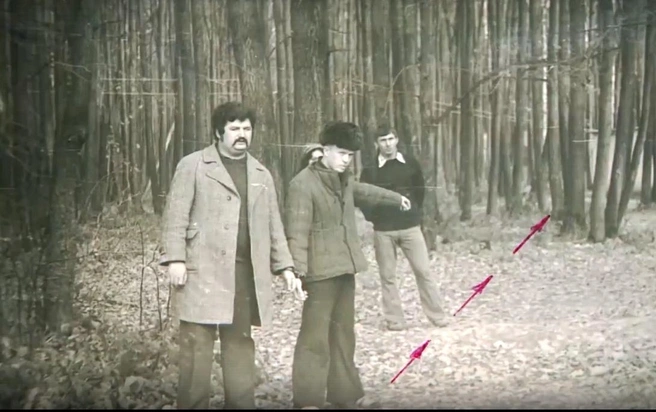 Следственный эксперимент с Александром Масленцевым. Он в телогрейке. 1978–1979 год | Источник: Казанский феномен / Vk.com