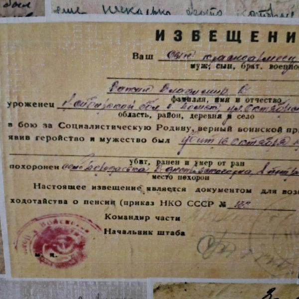 Одна из похоронок со стены | Источник: Павел Черепанов / Telegram